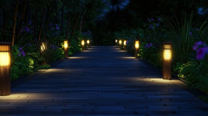 Serene nighttime garden pathway illuminated by lanterns, surrounded by lush greenery and flowers