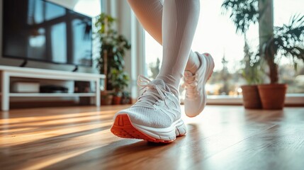 Naklejka premium Fresh morning jog captures the essence of fitness and wellness in a sunlit indoor space. Generative AI