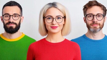 Fototapeta premium Three Individuals Wearing Fashionable Eyeglasses in Colorful Knit Sweaters