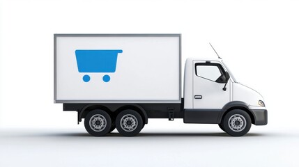 White Delivery Truck with Blue Shopping Cart on Isolated Background