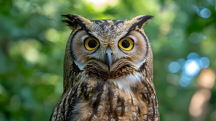 Fototapeta premium Thrill Encounter Exploration, Striking Portrait of a Vigilant Owl with Piercing Yellow Eyes in Its Natural Habitat