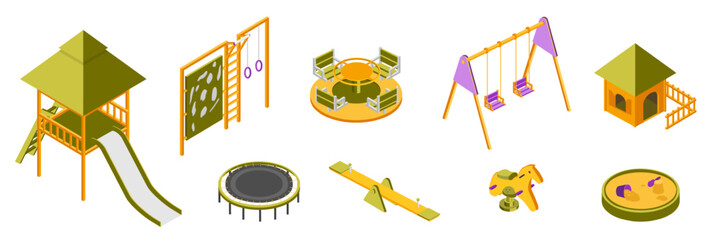 Kids playground isometric vector illustrations set. Children amusement park objects collection. Carousel, rocking horse, swing, slide, trampoline, sandbox and seesaw. Childish outdoor entertainment.