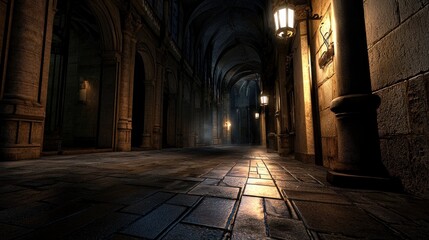 Fototapeta premium Dimly lit ancient corridor with stone walls and lanterns, evoking a mysterious atmosphere