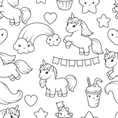 Pattern with unicorns. Happy birthday party background.