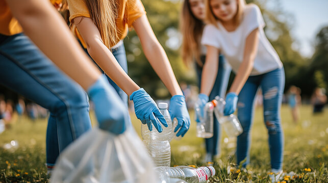 Children Volunteering and Clean Up Plastic Waste in Park, Eco-Friendly Activism, Environmental Protection and Sustainability Effort.