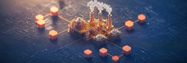digital art piece showing refinery with smoke and glowing elements
