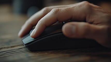 Close-Up of a Hand Operating a Computer Mouse on a Wooden Table Surface in a Modern Workspace