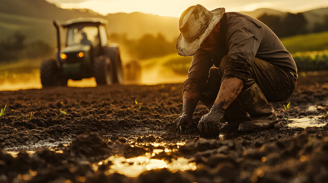 Farmer working in muddy field at sunset with tractor in background