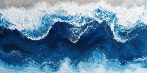 A serene blue and white ocean wave in intricate detail; its top cradles soft clouds while the trough reveals deeper blues, capturing both power and tranquility