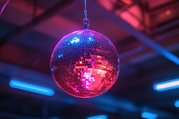 Obraz premium Vibrant disco ball hanging under colorful neon lights creating a retro party atmosphere