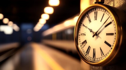 Vintage clock on a train station wall, showcasing time passing as trains await departure