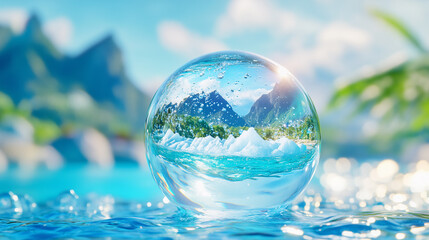 Transparent Water Sphere Reflecting Mountain Lake Landscape, Symbol of Global Water Conservation and World Water Day Awareness.