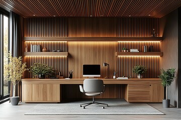 Modern office space with warm wood accents and soft lighting A serene and productive work environment