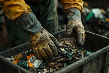 Worker sorting through waste in a recycling facility during daylight hours