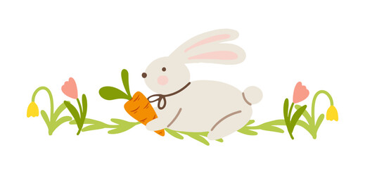 Cute bunny holding carrot with flowers and grass. vector illustration