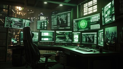 Fototapeta premium Cyberpunk Hacker Room: Green Screens, City View, and a Futuristic Workspace