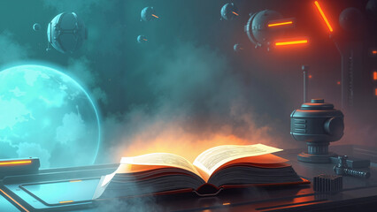 Obraz premium Futuristic open book with glowing pages in a sci-fi setting surrounded by cosmic elements