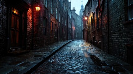Fototapeta premium Rain-soaked cobblestone alley at dusk with glowing street lamps and historic buildings looming