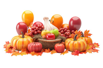 Autumn harvest celebration with vibrant pumpkins, balloons, and festive decor in bright colors isolated on transparent background