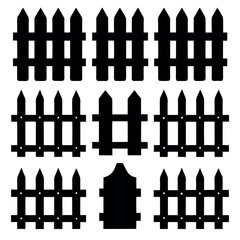 This image features a set of different wooden fence silhouettes in black and white, perfect for design elements, illustrations, or graphic design.