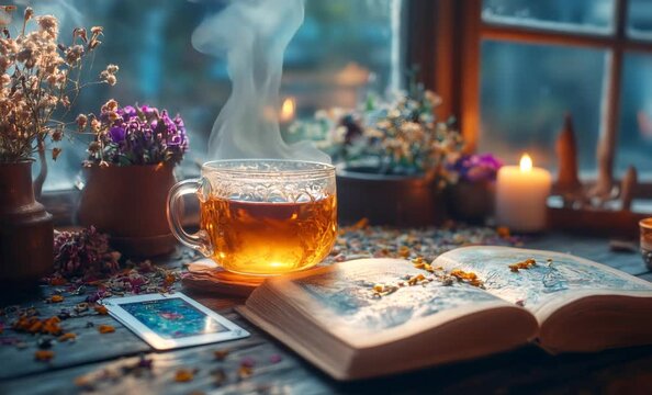 Steaming herbal tea resting beside an open book and tarot card on a wooden table, surrounded by dried flowers and candles