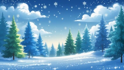 Snowy pine trees dot a cold winter forest landscape under a bright sun