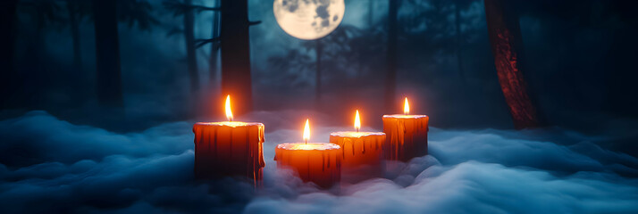Fototapeta premium Mystical forest setting with candles illuminating fog under the full moon at night