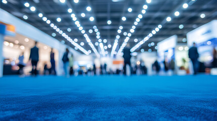 Fototapeta premium Large exhibition hall blue carpeted floor high ceiling Abstract blur people 