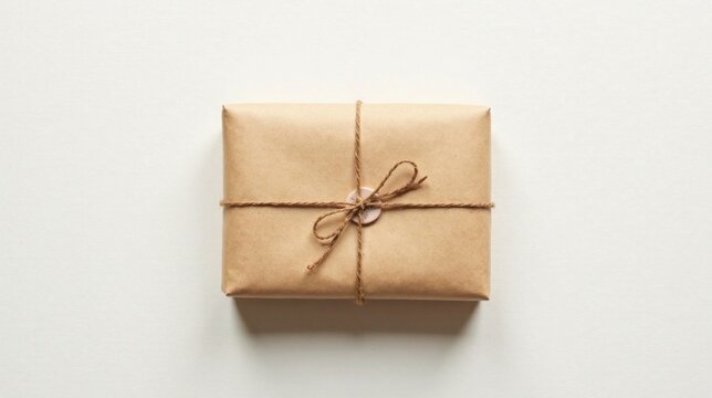 A simply wrapped present, tied with twine and sealed with a wax emblem, rests on a neutral backdrop