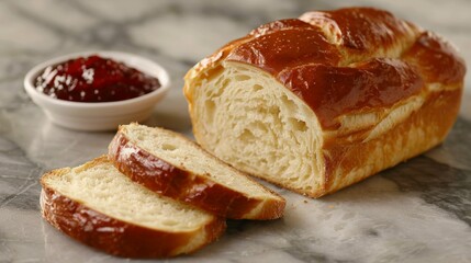 Brioche: A loaf of buttery, soft brioche with a shiny golden top, partially sliced, with a small dish of homemade jam. Traditional French bread.	
