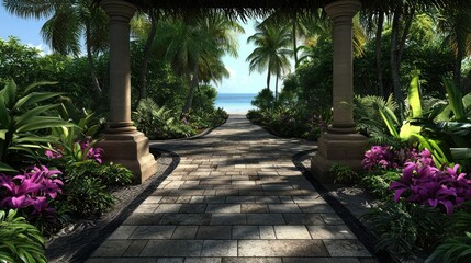 Obraz premium Serene tropical pathway leading to a tranquil beach, surrounded by lush greenery and vibrant flowers