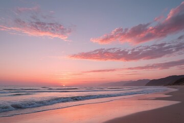 Fototapeta premium sunset on a beach with a pink sky and a pink and purple sky