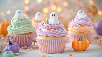 Halloween-themed cupcakes decorated with ghosts and pastel colors for a festive celebration