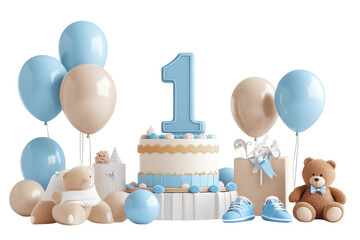 A delightful first birthday celebration filled with a charming cake and playful decorations isolated on transparent background