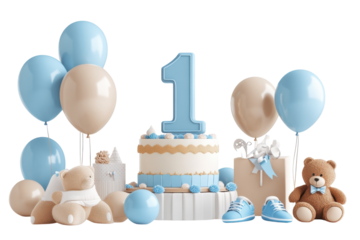 A delightful first birthday celebration filled with a charming cake and playful decorations isolated on transparent background