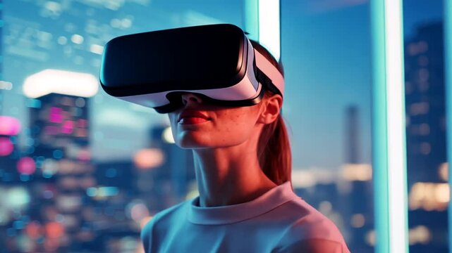 Cutting-edge office featuring virtual reality and holographic displays.