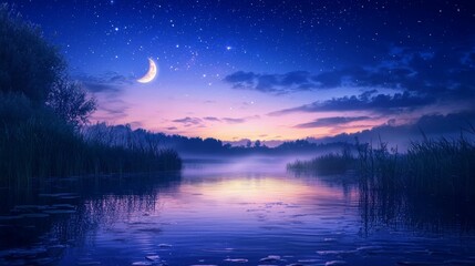 Serene Twilight Reflections on Still Water Under Starry Sky