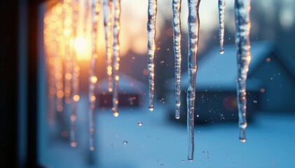 Icicles forming on a windowpane in the morning, icicles, ice