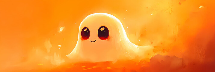 Cute animated ghost character surrounded by warm orange hues in a mystical landscape at sunset