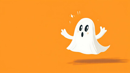 Cute cartoon ghost character with surprised expression on bright orange background