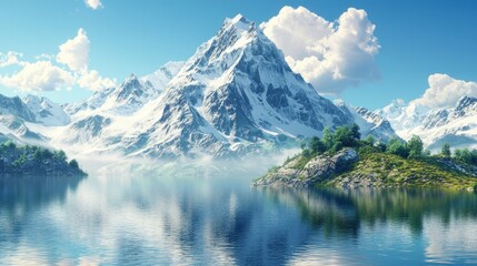 Fototapeta premium Majestic Snow-Capped Mountain Reflecting in Calm Serene Lake