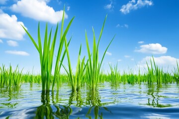 Obraz premium Young Rice Plants in a Paddy Field - Lush green rice plants sprout from clear water, symbolizing growth, nature, agriculture, renewal, and serenity