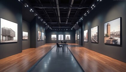 Public exhibition hall with architecture exposition. Gallery with modern buildings, cityscapes design pictures, contemporary art objects. Interior of trade show event, marketing presentation with