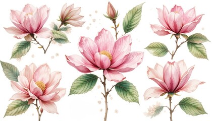 Elegant pink magnolia flowers nature illustration botanical close-up beauty
