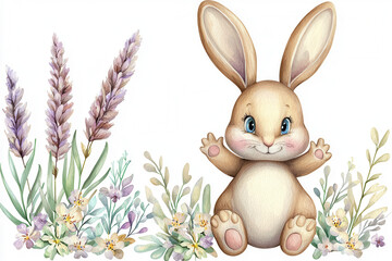 Obraz premium A cute cartoon bunny sits among colorful flowers and lavender, radiating joy and charm in a whimsical, nature-inspired design.