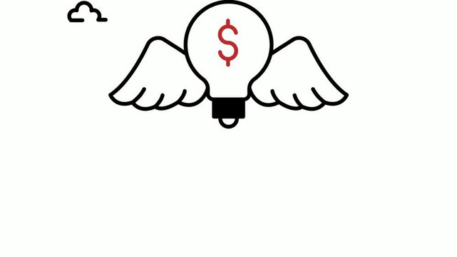 Flying Angel Investor Conceptual animation, informal risk capitalist animated video, eBusiness and Management Clip, eBanking fintech footage, dollar coin with feathers going up to sky motion graphics