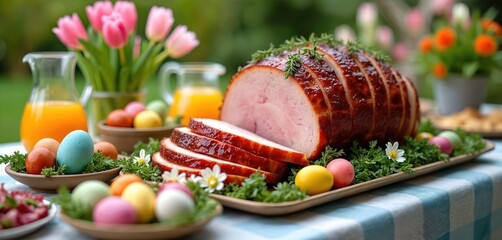 Festive Easter brunch with glazed sliced ham and colorful eggs. Fresh tulips flowers, herbs greenery and juice served on table in garden. Holiday family gathering with traditional tasty meal.