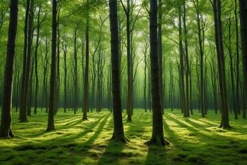 Naklejka premium a view of a forest with a lot of trees and grass
