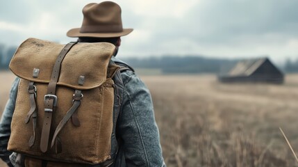 Man with backpack walking through field in vintage style film grain effect