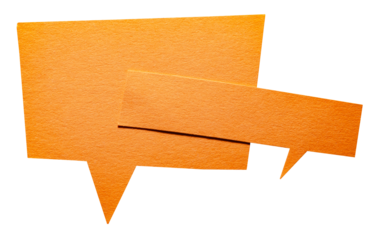 Orange blank cut out cardboard paper speech bubbles with rough edges and copy space for text on transparent png background conversation discussion design element